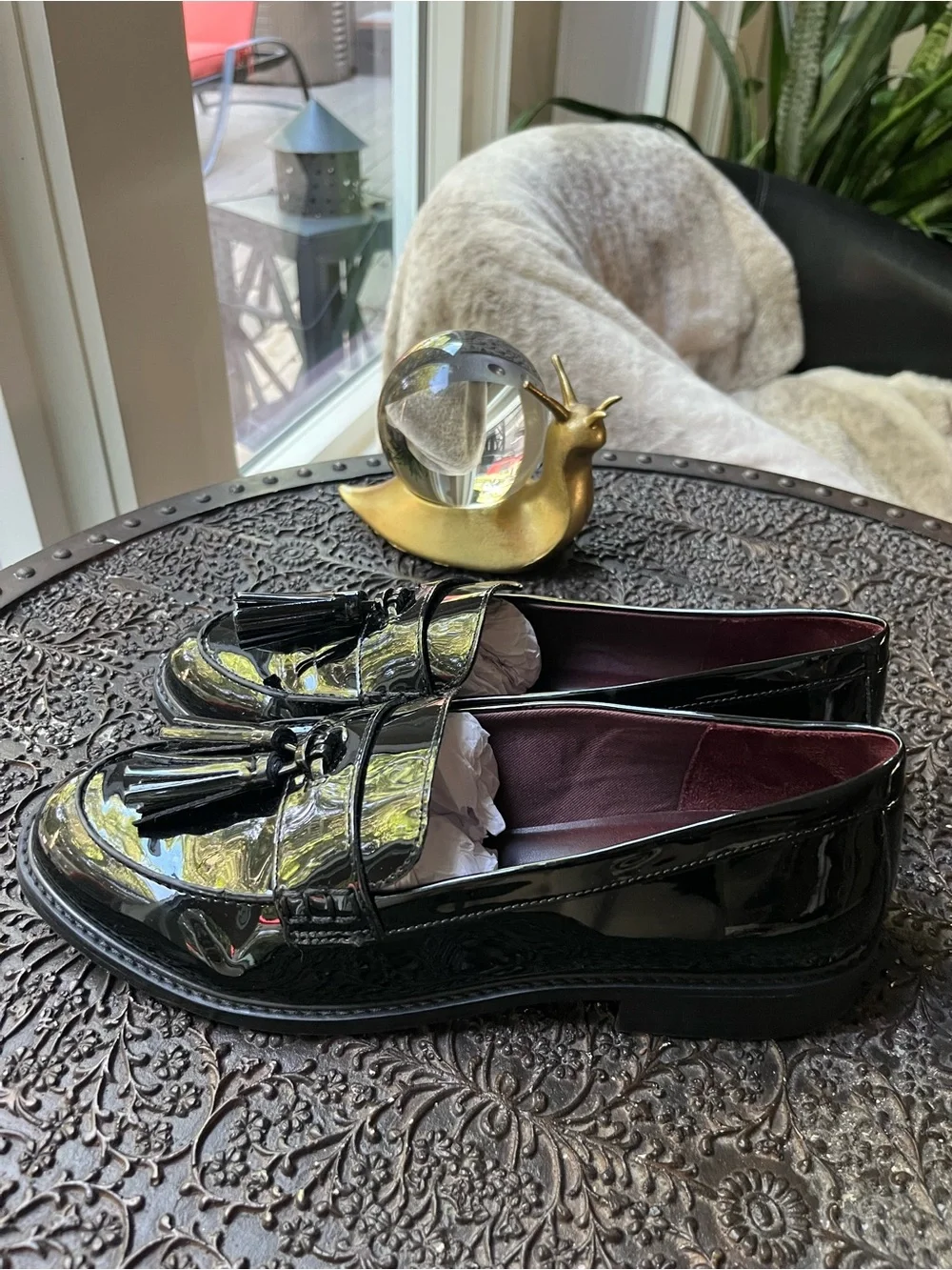 NEW FRANCO SARTO CAROLYN TASSEL BLACK PATENT LOAFERS 9.5 WIDE